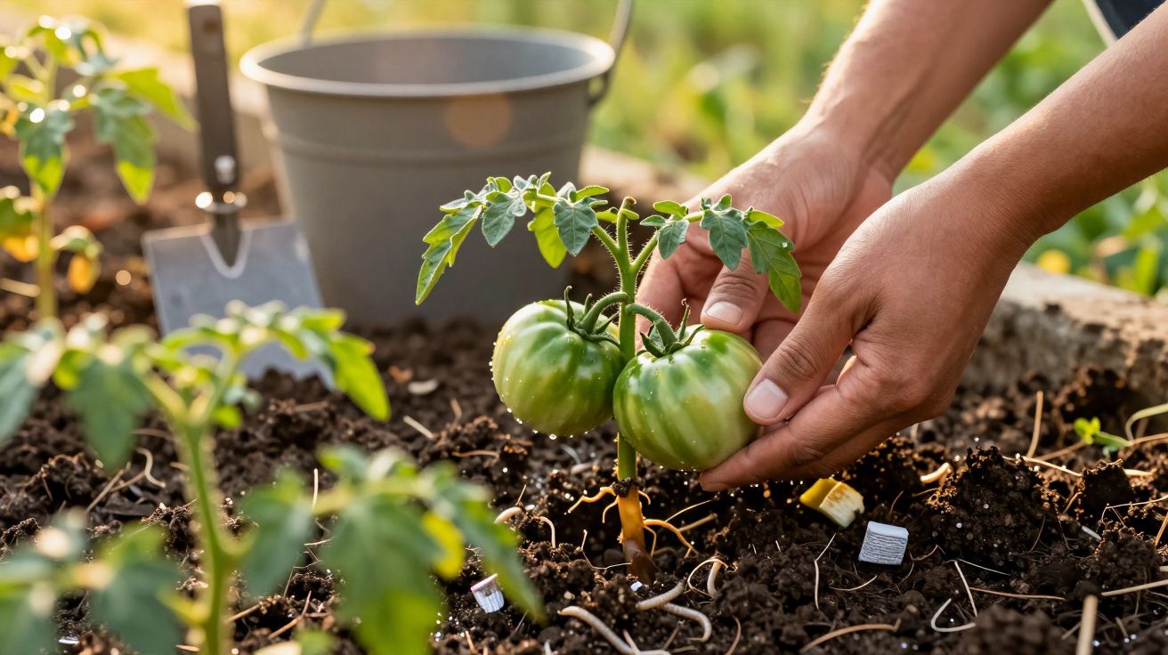 Manos cosechando tomates verdes en un huerto con herramientas de jardinería al fondo.
