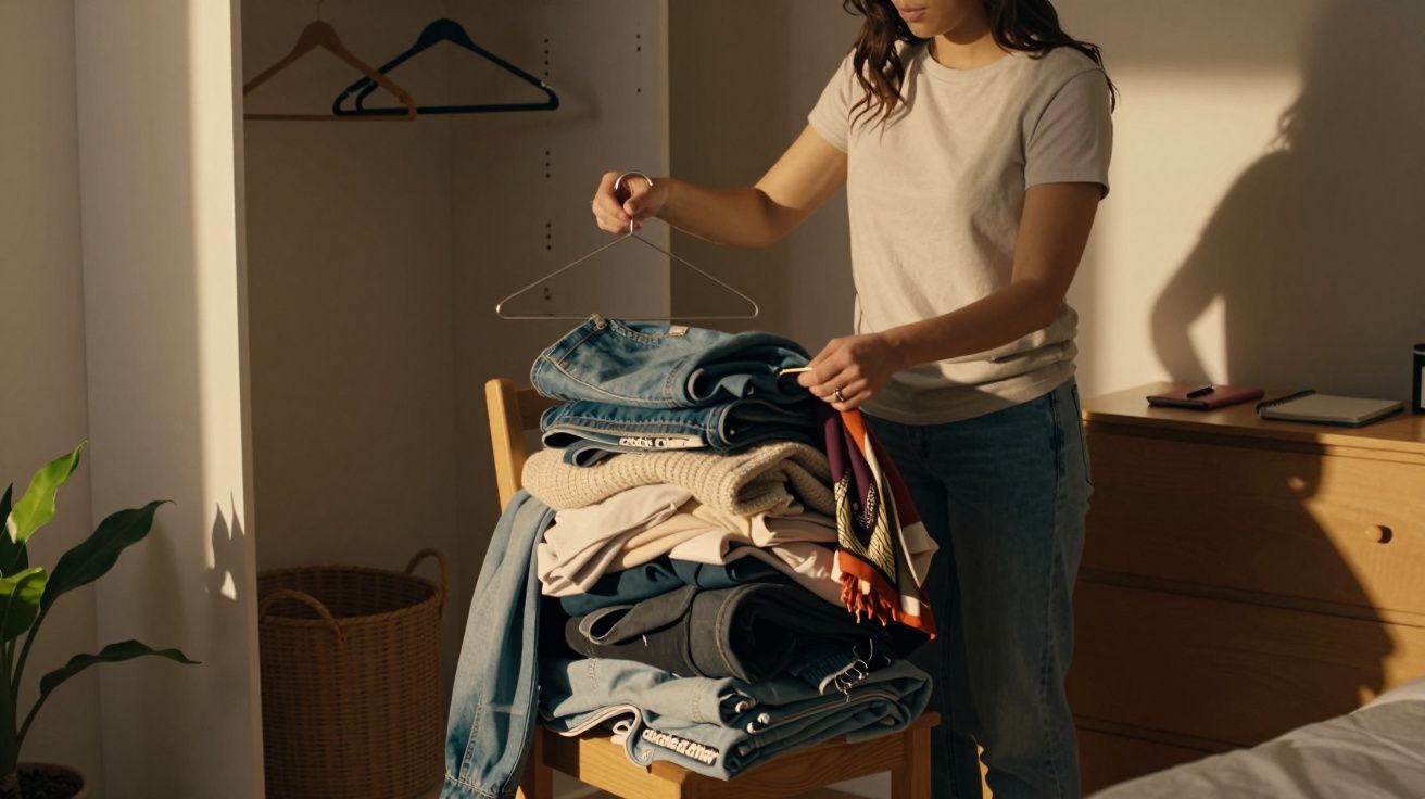 Mujer organizando ropa en una silla, sosteniendo una percha en una habitación iluminada por la luz del sol.