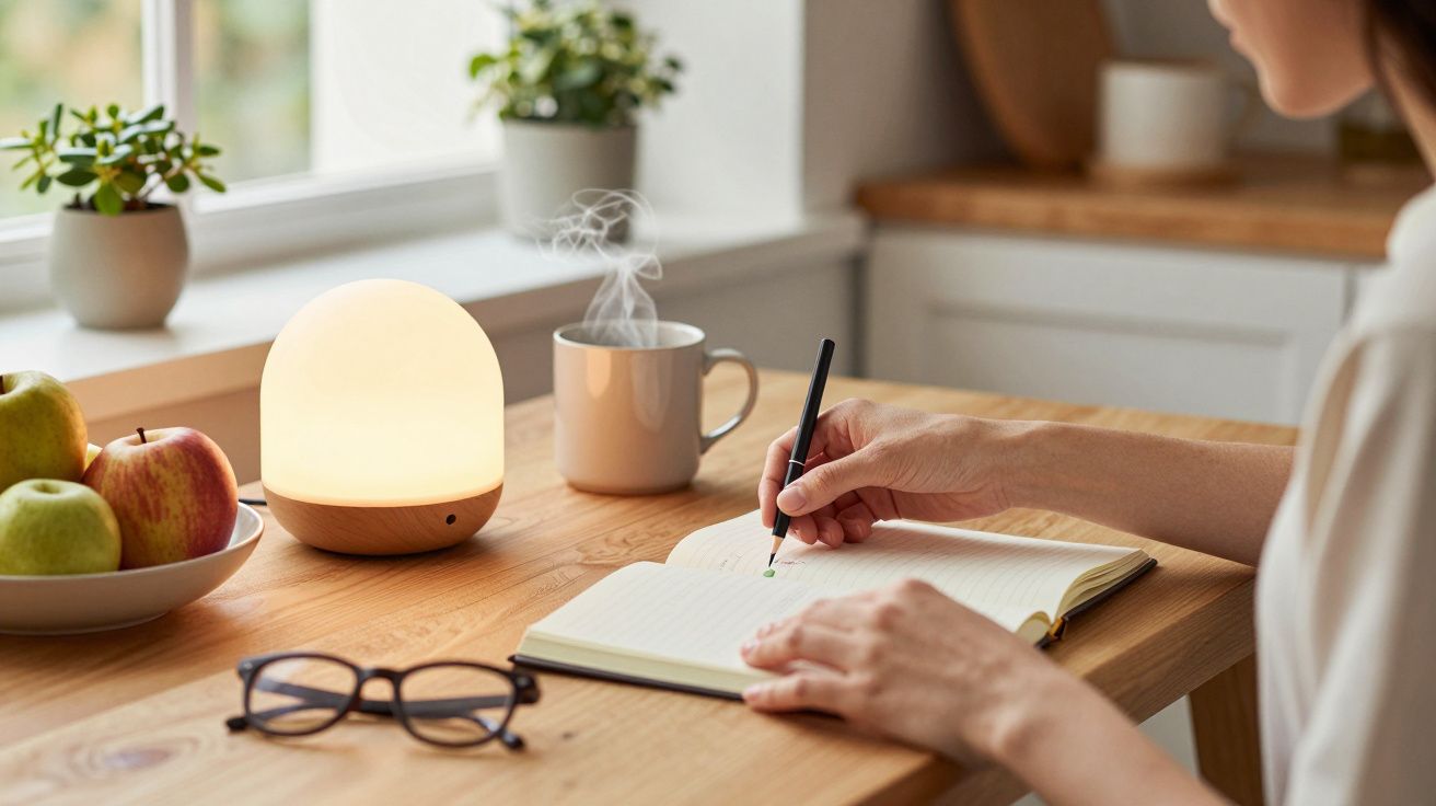 Persona escribiendo en un cuaderno en una mesa con lámpara, taza de té humeante y manzanas.