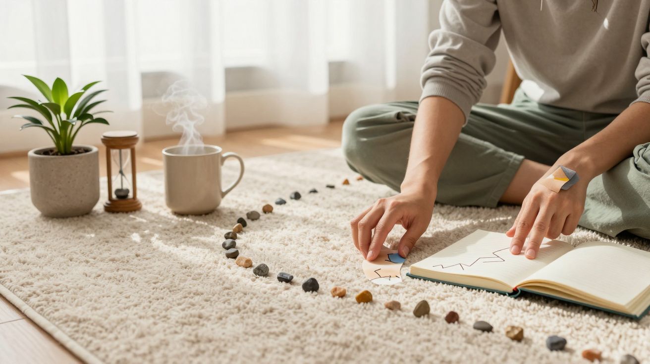 Persona sentada en alfombra dibujando líneas en cuaderno, rodeada de piedras, reloj de arena, planta y taza humeante.
