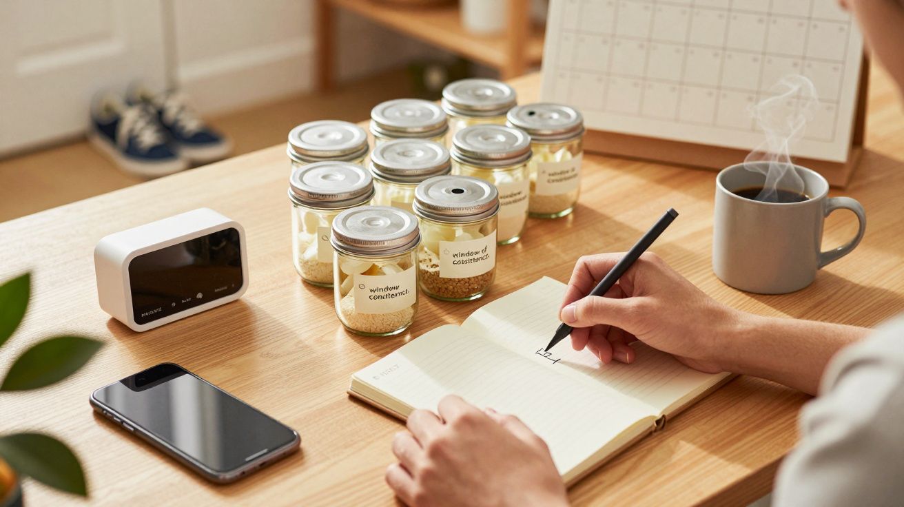 Persona escribiendo en un cuaderno junto a tarros, un reloj, un teléfono y una taza de café en una mesa de madera.