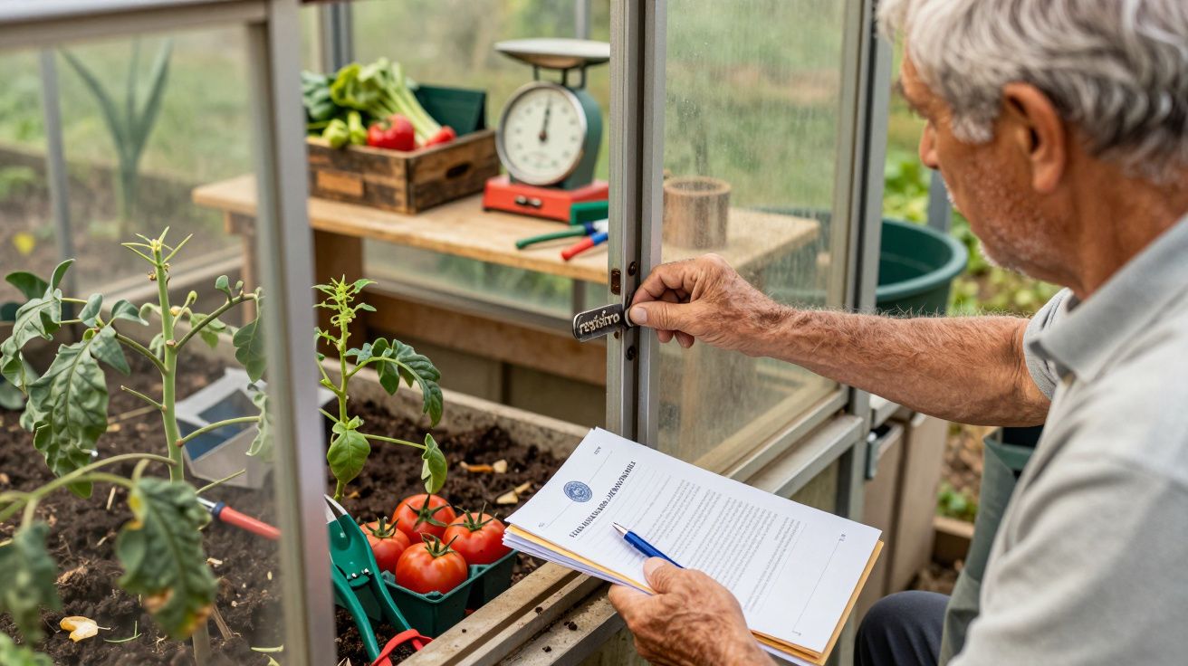 Hombre mayor en invernadero revisa tomates con papel y bolígrafo en mano; fondo con balanza y caja de verduras.