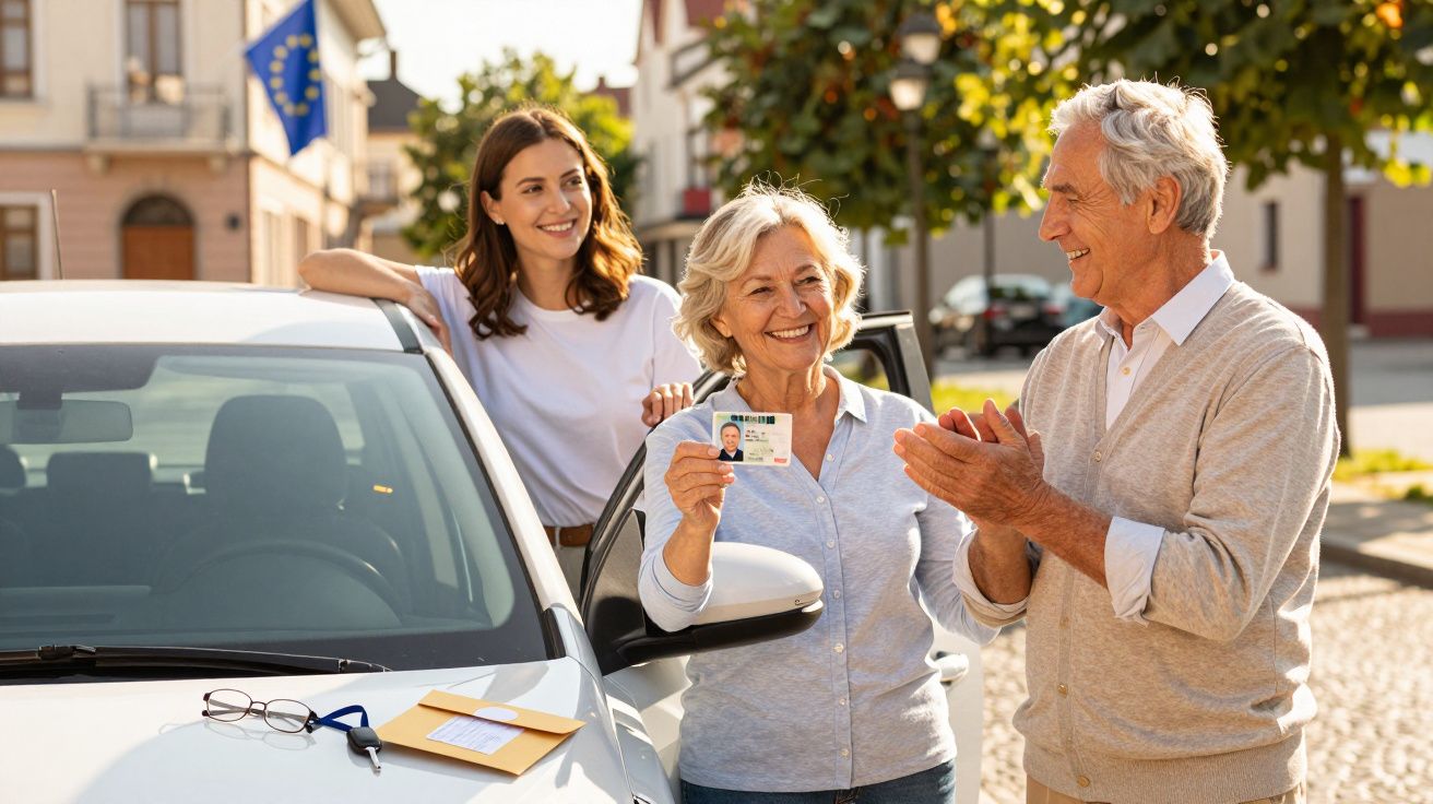 Persona mayor mostrando carnet de conducir cerca de un coche, acompañada de dos personas sonrientes.