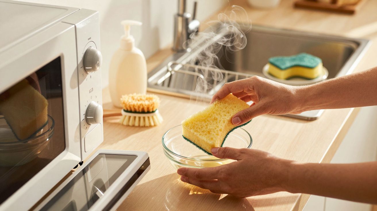 Manos sosteniendo esponja sobre bol con agua humeante en encimera de cocina, junto a microondas y fregadero.