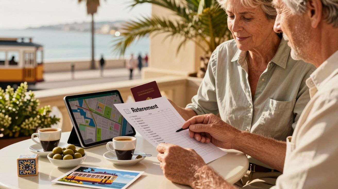Pareja mayor planificando viaje, sentados en terraza con documentos de jubilación, mapa en tablet, postal y café.