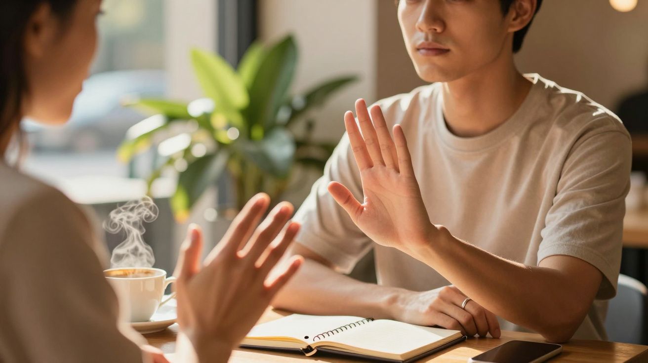 Dos personas conversando en una cafetería, una levantando la mano para hacer un gesto de pausa o desacuerdo.