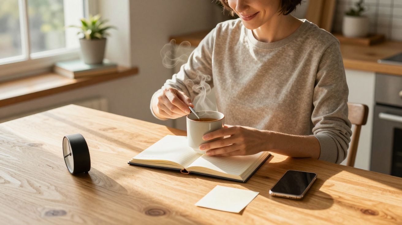 Mujer removiendo café frente a un cuaderno en una mesa de madera, junto a un móvil y un reloj en la cocina iluminada por el s