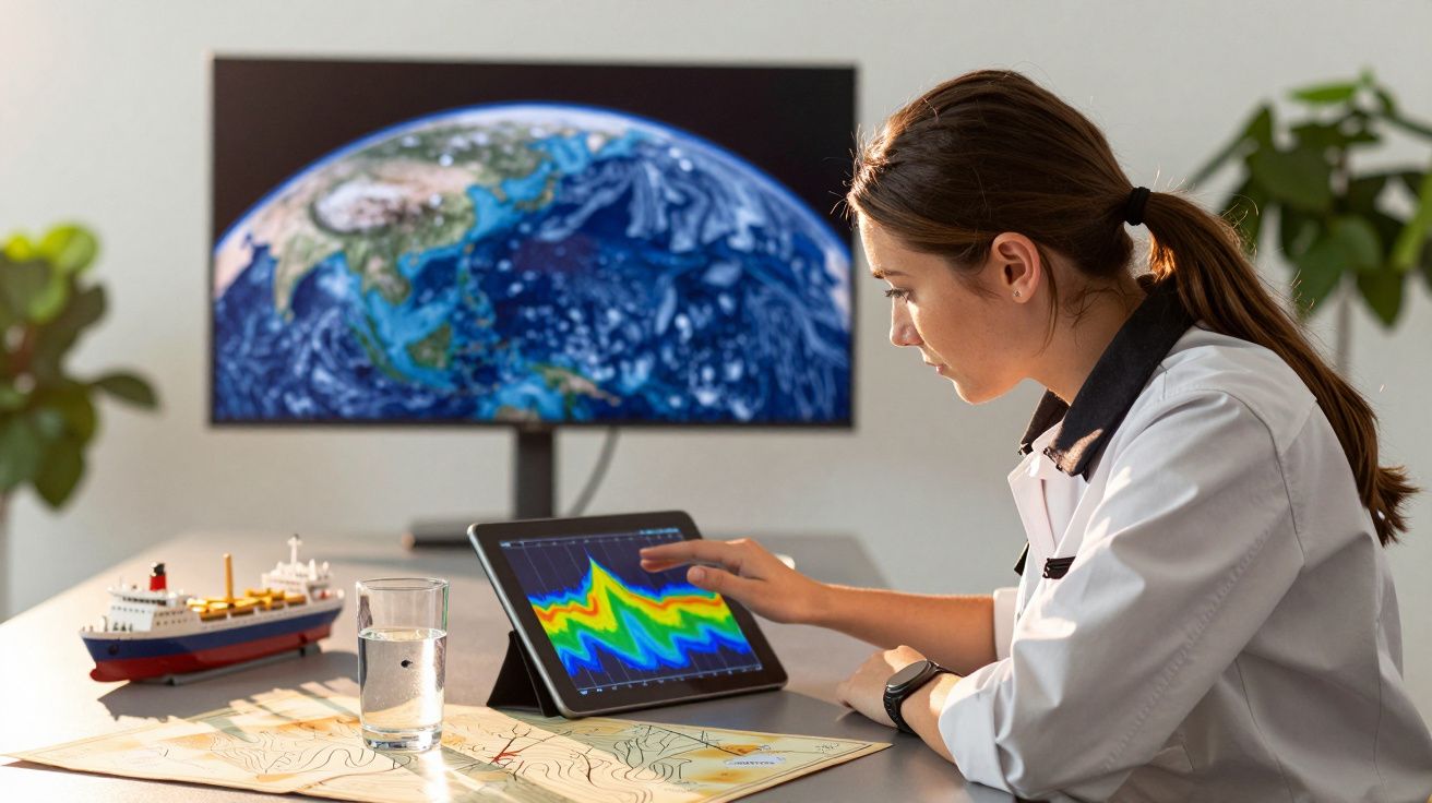 Mujer científica analizando datos en una tableta, con un mapa, modelo de barco y globo terráqueo en pantalla.