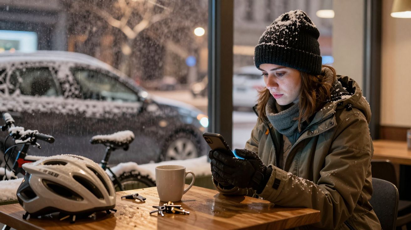Mujer con abrigo y gorro en cafetería, usa móvil mientras nieva afuera. Casco y taza en mesa.