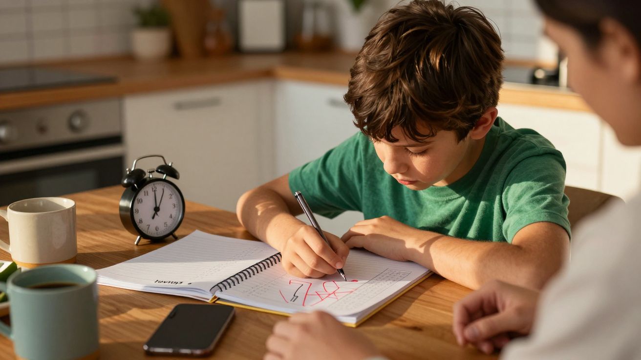 Niño escribiendo en un cuaderno en una cocina, con un reloj, móvil y tazas sobre la mesa.