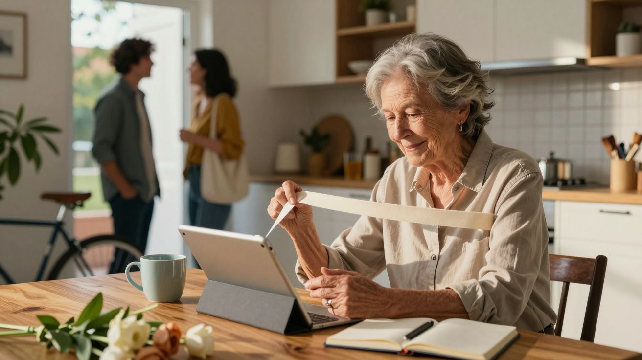 Mujer mayor en cocina usando tablet, con flores y cuaderno en la mesa; pareja al fondo conversando cerca de una bicicleta.