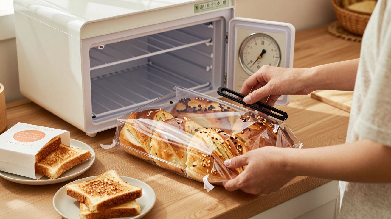 Persona colocando pan en una bolsa cerca de un horno pequeño sobre una encimera de madera.