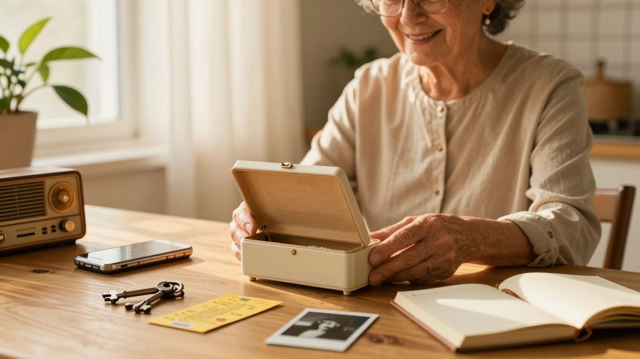 Mujer mayor abre caja en una mesa con fotos, libro abierto, llaves, radio y móvil, en ambiente hogareño iluminado.