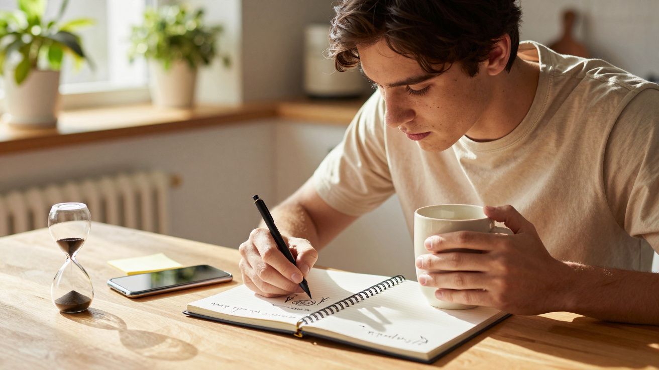 Hombre escribiendo en un cuaderno en la mesa, sosteniendo una taza, con un reloj de arena y un móvil al lado.