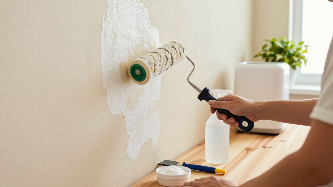 Persona pintando una pared beige con rodillo blanco sobre mesa de madera, cerca de ventana y maceta verde.