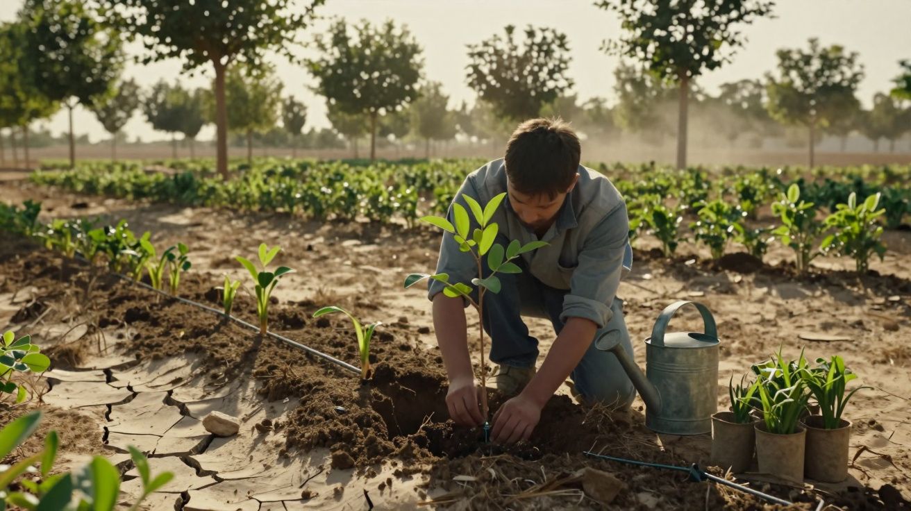 Un agricultor planta un árbol joven en un campo, rodeado de plantas y con regadera cercana.