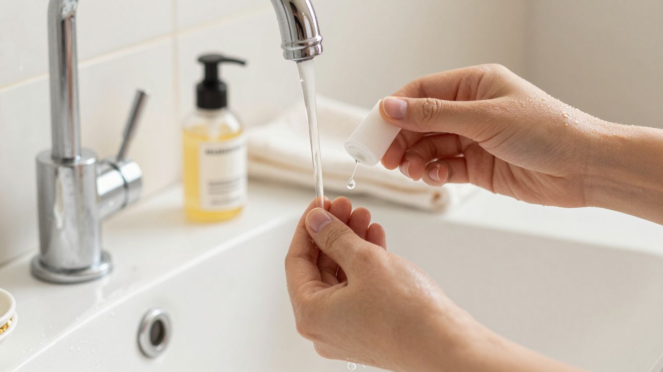 Manos lavando un cepillo bajo un grifo con agua corriente en un lavabo blanco. Botella de jabón al fondo.