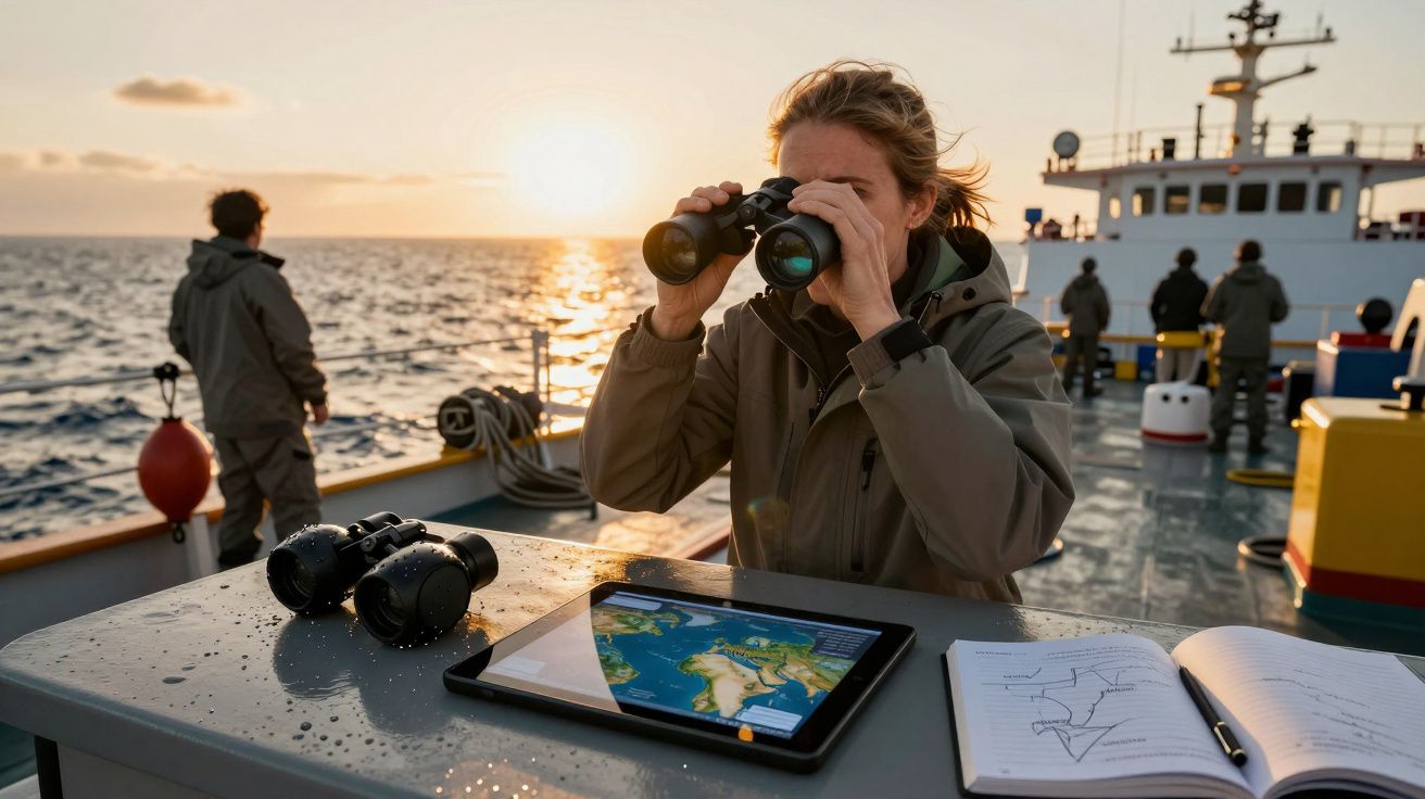 Persona con prismáticos en barco observa el mar al atardecer; tablet y cuaderno en la mesa.