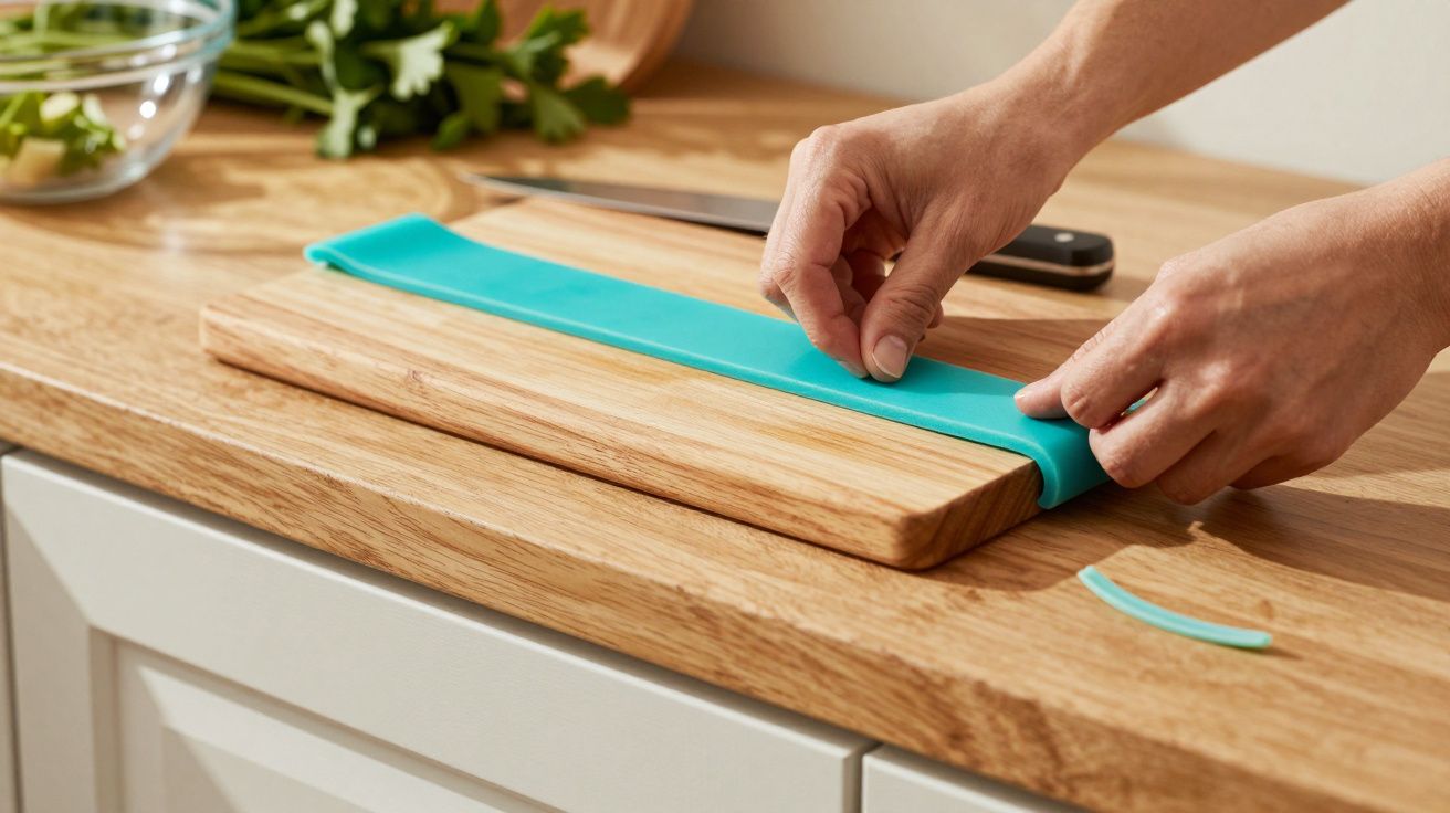 Manos colocando tira azul en tabla de cortar en una cocina, con cuchillo y verduras de fondo.