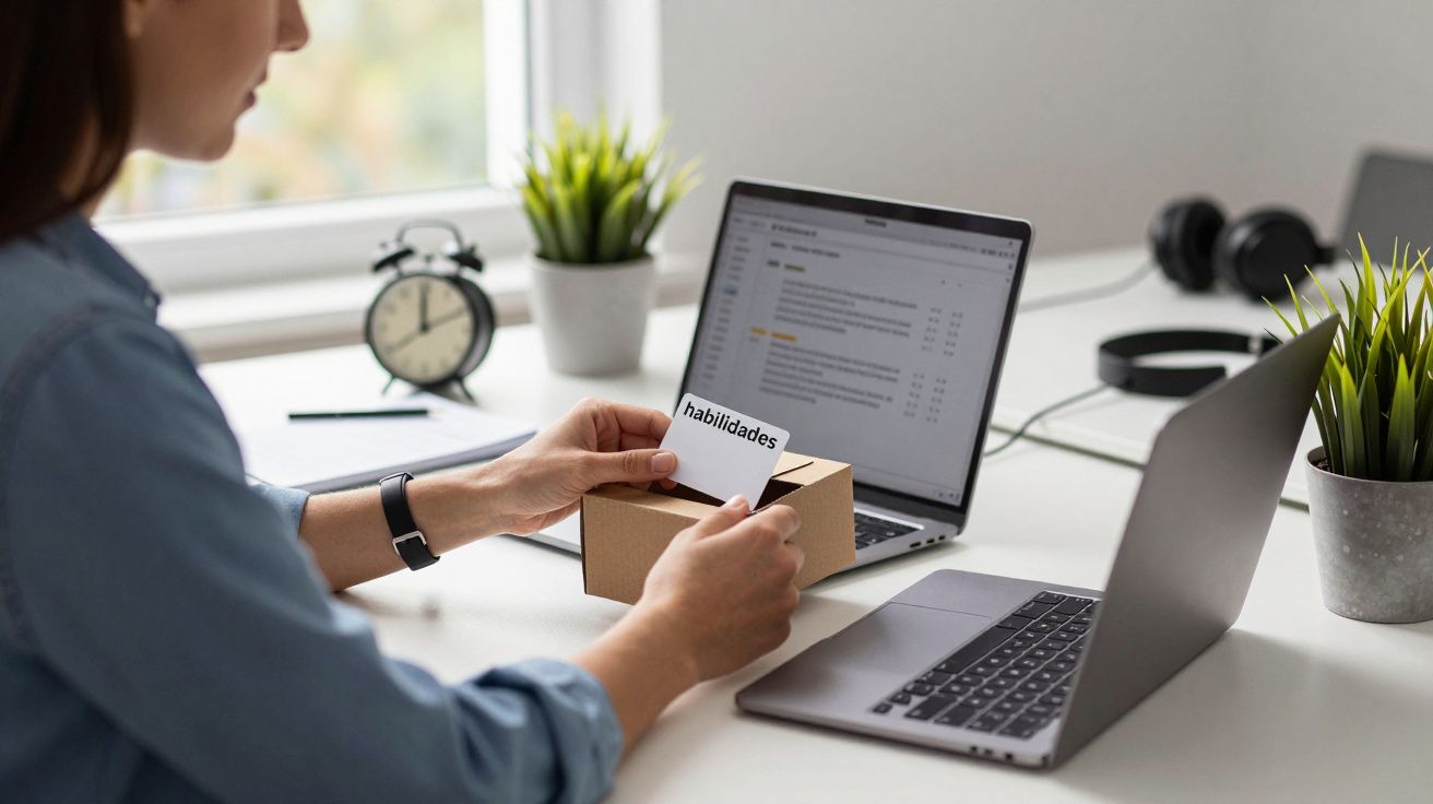 Persona trabajando en un escritorio con un portátil, plantas y un reloj; sostiene una caja con la palabra "habilidades".