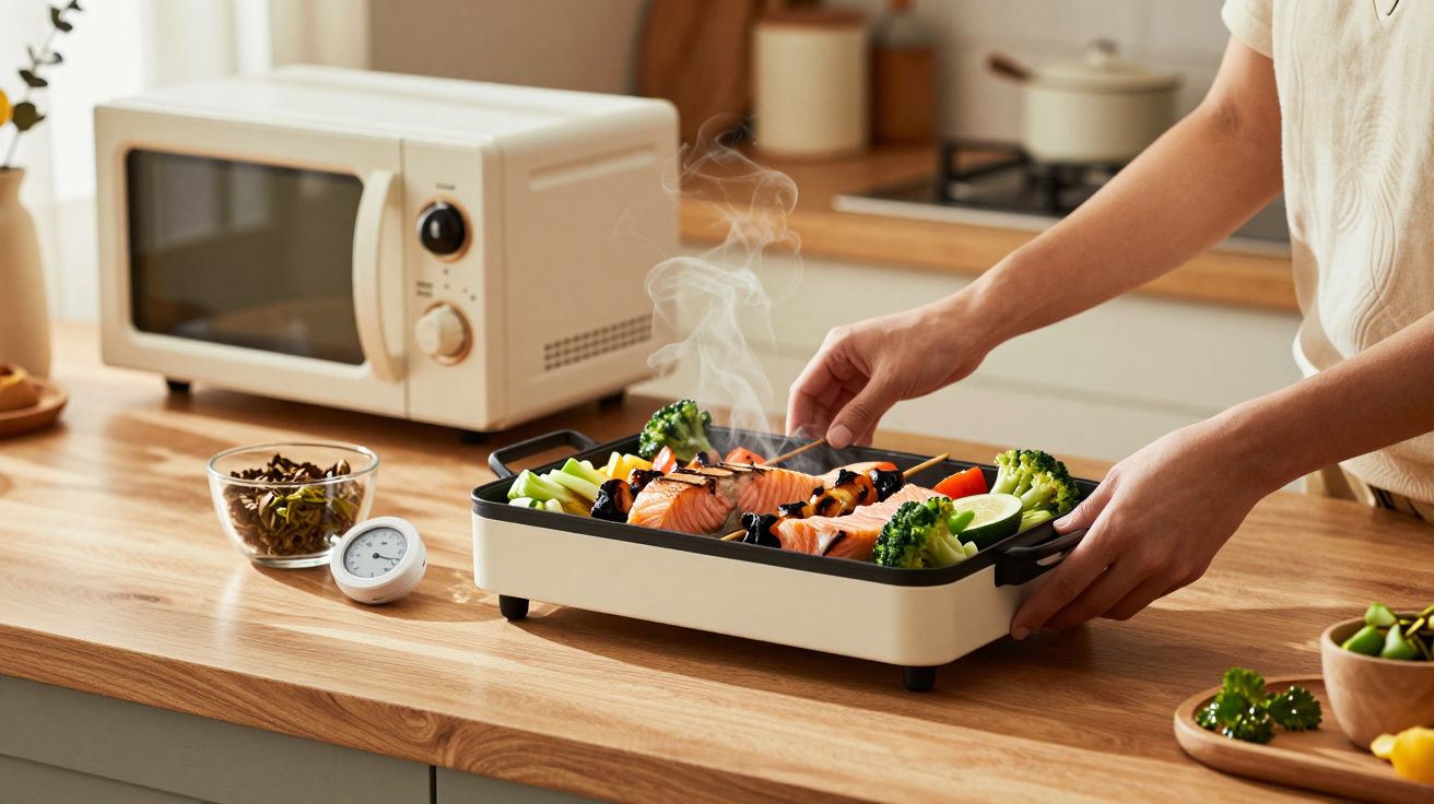Persona cocinando verduras y filetes de salmón en una parrilla eléctrica sobre encimera de cocina moderna.