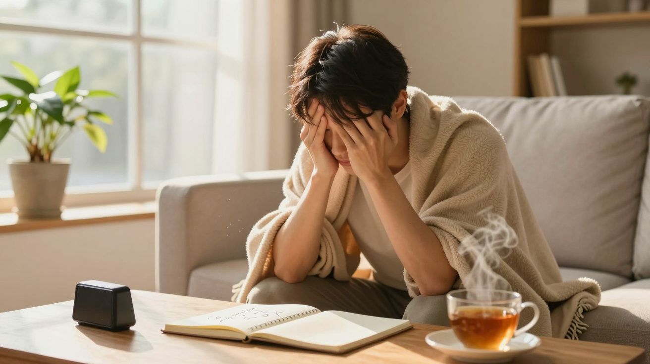 Persona cubierta con manta se frota los ojos, una taza de té y un cuaderno frente a ella en la mesa de café.