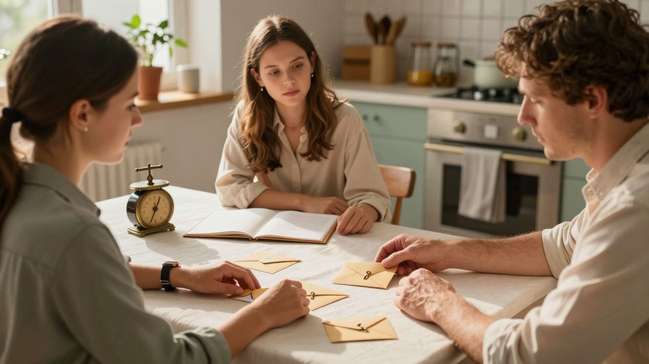 Tres personas en una cocina revisan cartas sobre la mesa. Una niña en el centro observa un libro abierto.