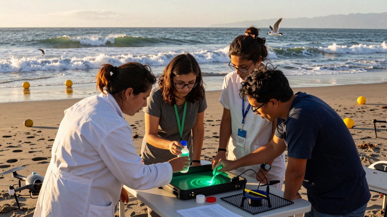Cuatro personas trabajan en equipo en una mesa sobre la arena de la playa, con el mar y boyas al fondo.