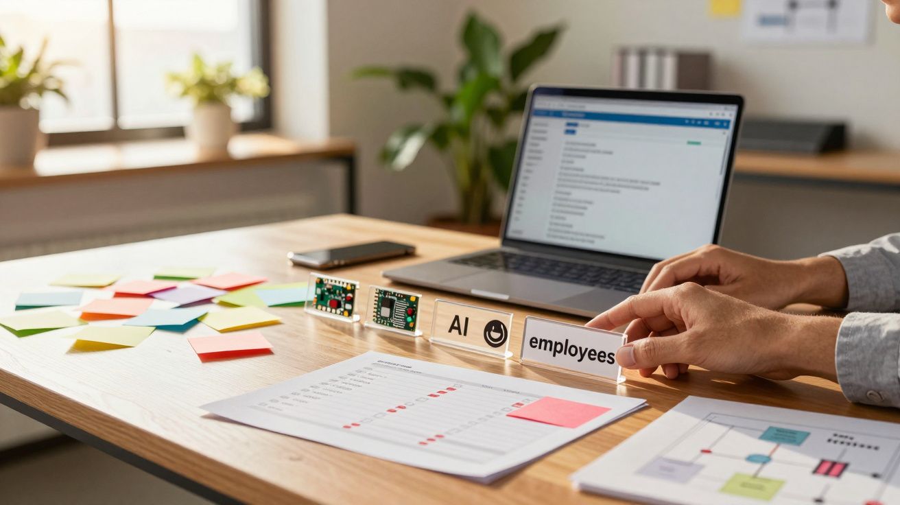 Mesa de oficina con portátil, notas adhesivas y etiquetas que dicen "AI" y "employees".