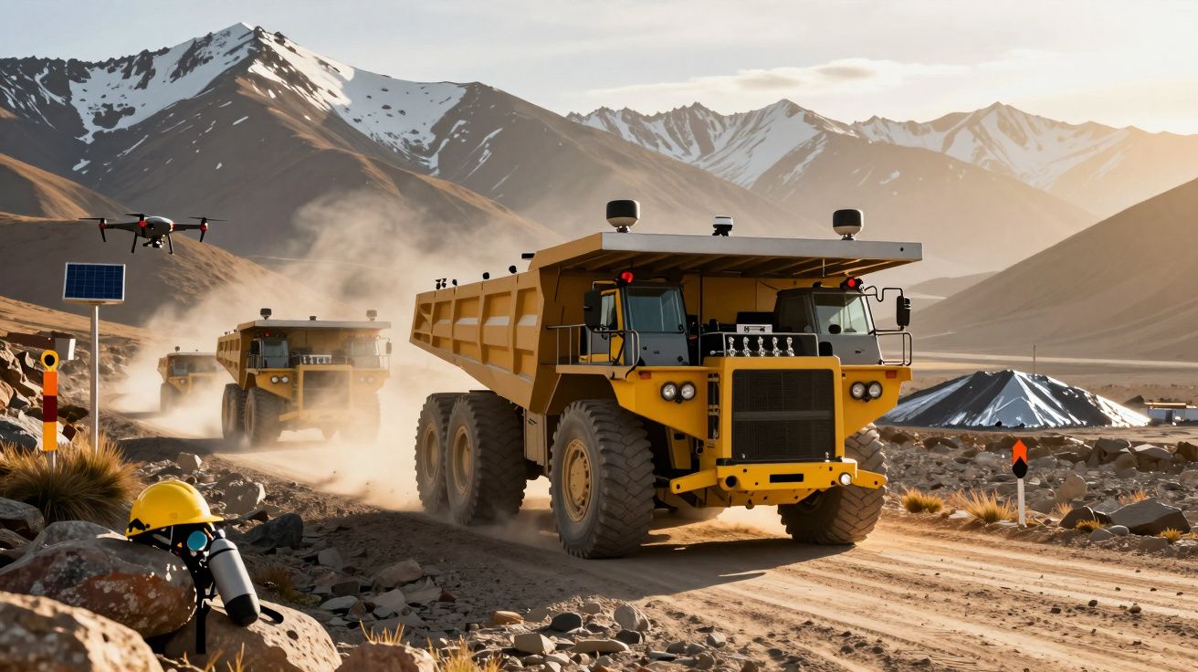Camiones volquete amarillos avanzan por un camino de tierra en las montañas, con un dron y panel solar cerca.