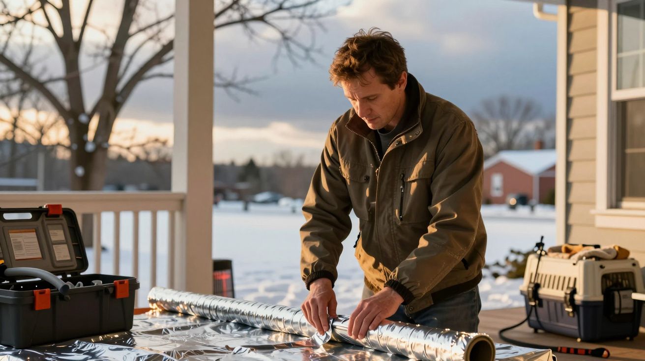 Hombre trabajando al aire libre en una mesa cubierta de papel aluminio, con herramientas y nieve de fondo.