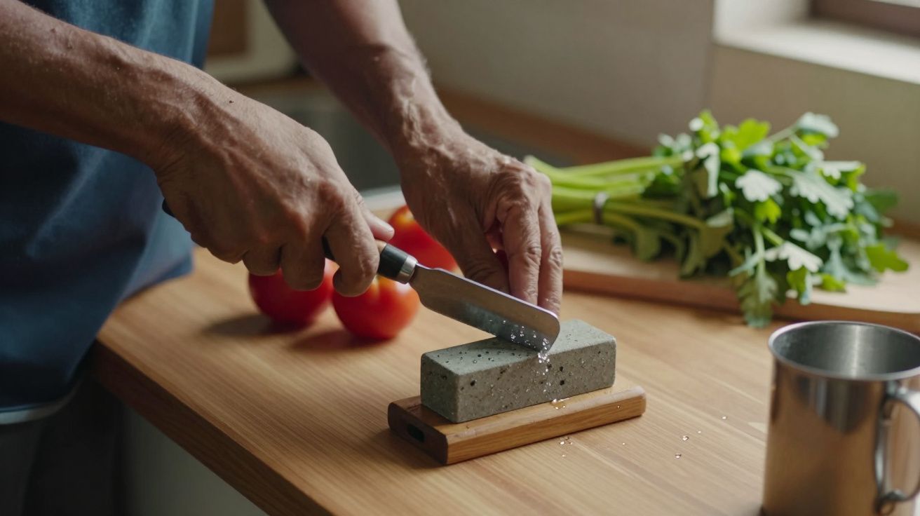 Persona afilando un cuchillo sobre una piedra de afilar en una cocina con tomates y apio en la encimera de madera.